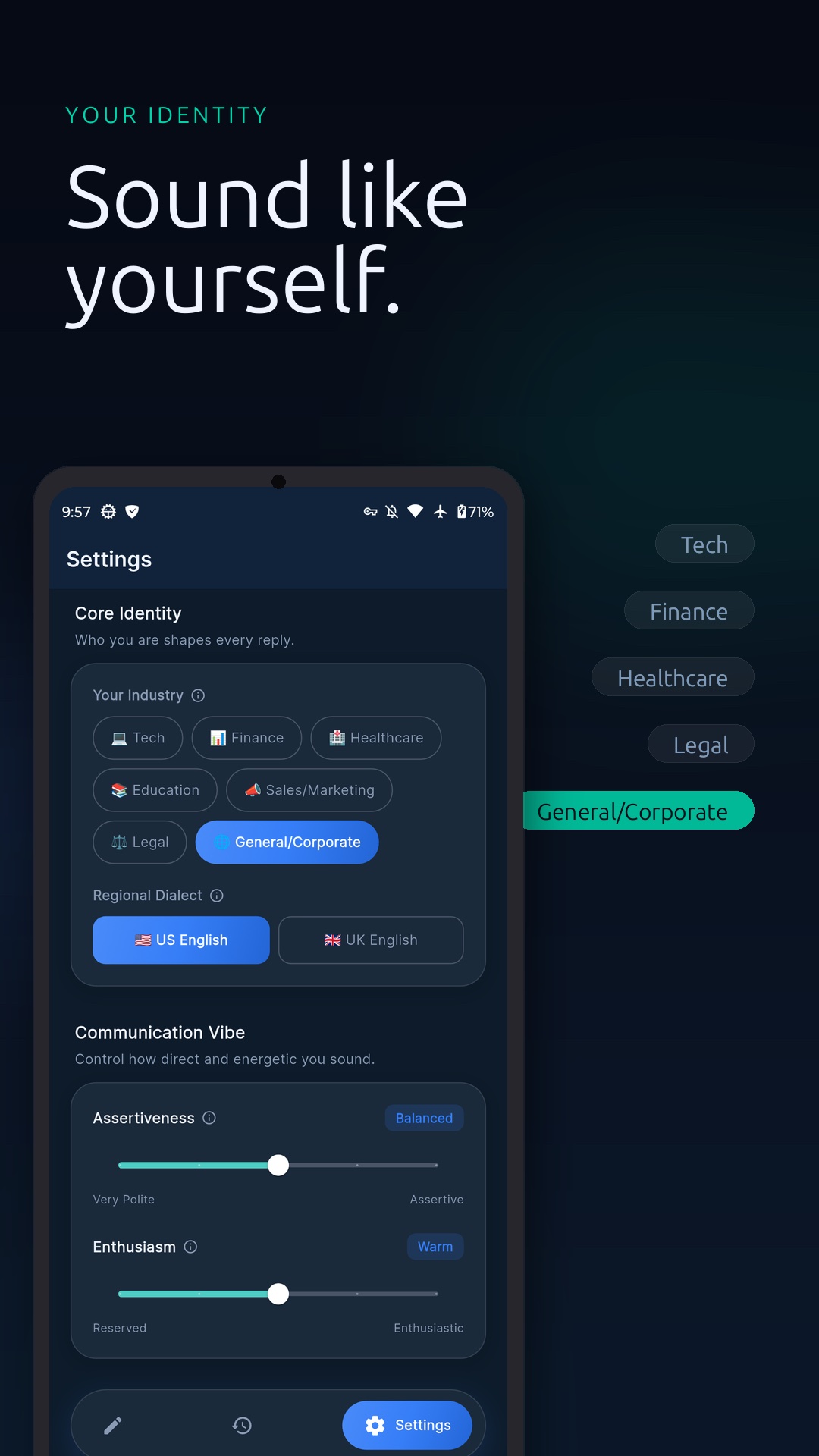 ReplyRight — identity and tone settings