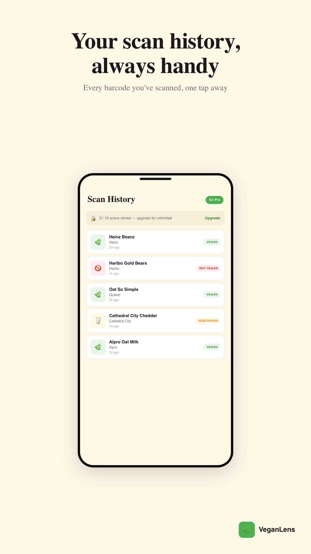 VeganLens — your scan history, always handy