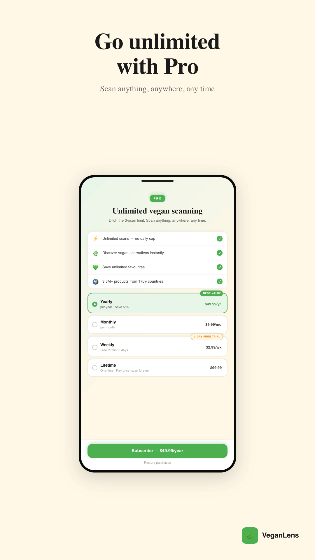 VeganLens — go unlimited with Pro