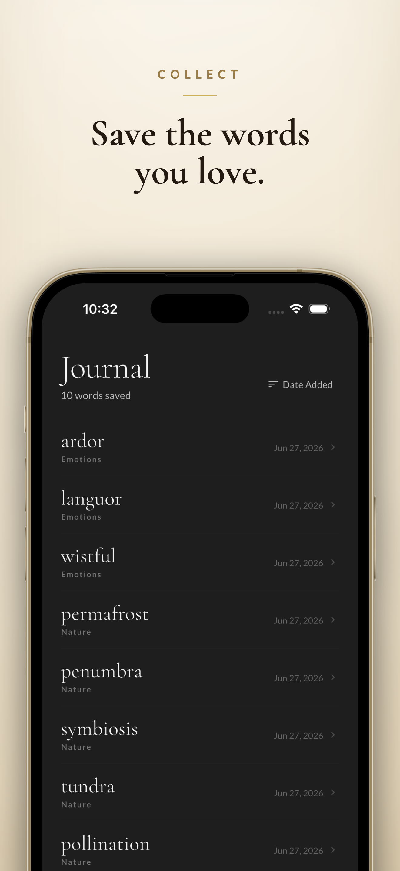 Verba — save favourite words to journal
